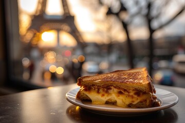 Parisian Culinary Charm: Gourmet Presentation with a Golden-Brown Croque Monsieur Against the Romantic Backdrop of Paris - An Iconic French Dish.

 - obrazy, fototapety, plakaty