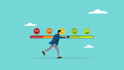 positive feedback illustration with the concept of man trying to push customer feedback bar to be excellent smile, man trying to push customer feedback bar to be excellent smile
