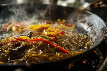 Korean Culinary Delight: Japchae (Stir-Fried Glass Noodles) - Chewy Sweet Potato Noodles Stir-Fried...