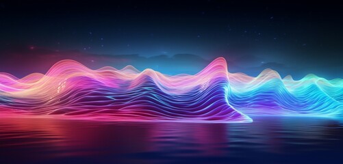 Neon light graffiti showcasing a spectrum of rainbow waves on an oceanic 3D textured surface