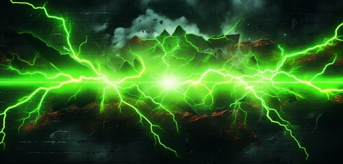 Obraz na płótnie Canvas Neon light graffiti showcasing a pattern of green and yellow lightning bolts on a stormy 3D texture