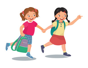 Cute little girls kids students with backpack go to school holding hands together