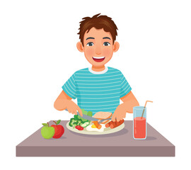 Young man eating sausage eggs bread and vegetables for breakfast
