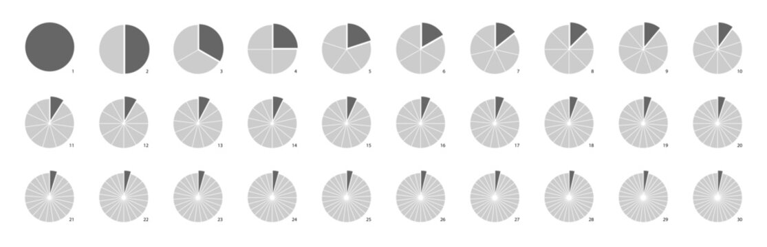 Circle divided into sectors or parts. Pie chart math infographics to show fraction, division, percentage of segments. Equal pizza pieces or slices.