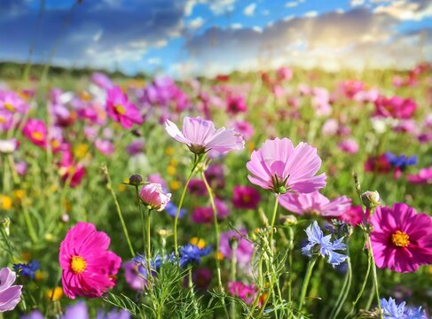 Colorful field of flowers on countryside/Purple flowers meadow, closeup photography. Spring background/wallpaper.