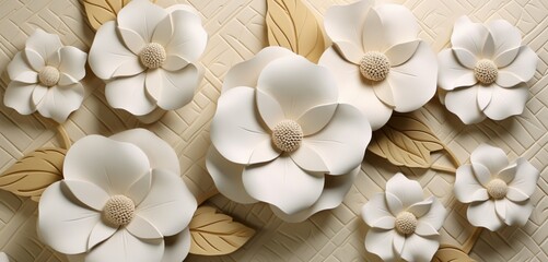 Serene tropical floral pattern with pearl white camellias on a quilted 3D wall texture - obrazy, fototapety, plakaty