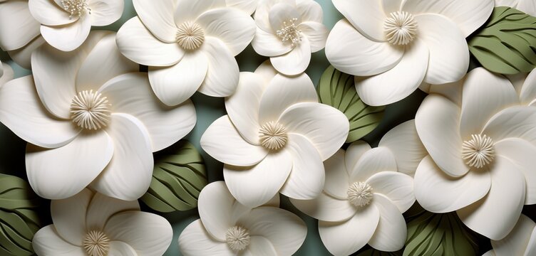 Serene tropical floral pattern with pearl white camellias on a quilted 3D wall texture