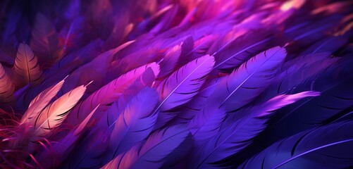 Fototapeta na wymiar Vibrant neon light design with a series of purple and grey feathers on a feathery 3D texture