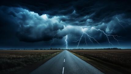Empty asphalt road towards dramatic dark cloudy and stormy sky.Storm clouds and distant lightning strikes over the road,  - obrazy, fototapety, plakaty
