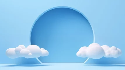 Foto op Canvas 3d render blue background with white clouds flying in front of circle shape. Minimal scene empty, blank for mockup product display with copy space for text © Mrt