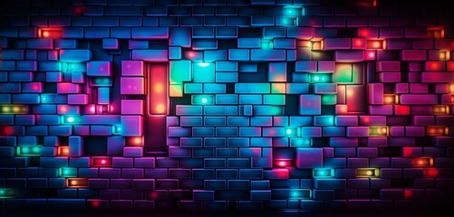 Vibrant neon light graffiti with a mosaic of multicolored tiles on a 3D wall texture