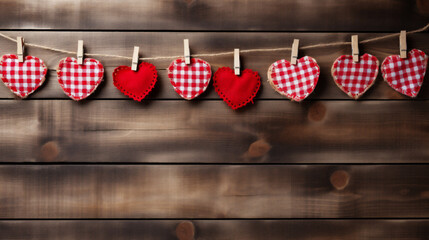 Valentine's day hearts hanging on clothesline on wooden background