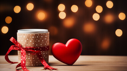 Cup of coffee and red heart on wooden table on bokeh background