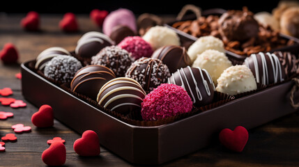 Box of assorted chocolates in heart shaped box on wooden background