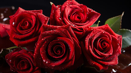 Red roses with water drops on a black background, close-up