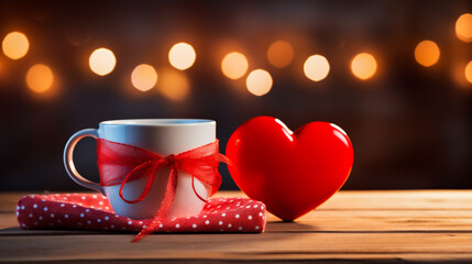 Cup of coffee and red heart on wooden table on bokeh background