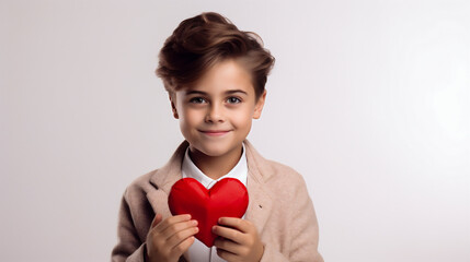 Portrait of a cute little girl holding a red heart on a gray background