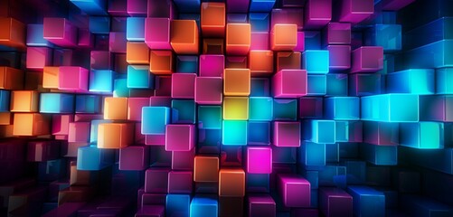 Vibrant neon light graffiti with a patchwork of multicolored squares on a quilted 3D texture