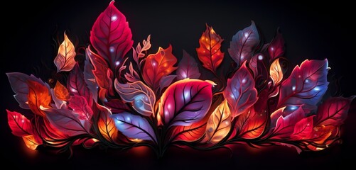 Vibrant neon light graffiti with a pattern of dark red and white autumn leaves on a fall-themed 3D surface