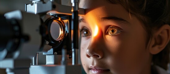 Young child getting an eye exam at clinic. - obrazy, fototapety, plakaty