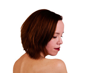 Profile Portrait From Back Caucasian Red Head Woman On White