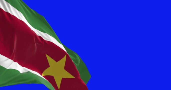 Suriname national flag waving in the wind on blue screen