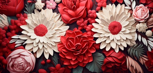 Vibrant tropical floral pattern featuring red peonies and white daisies on a glossy 3D wall texture