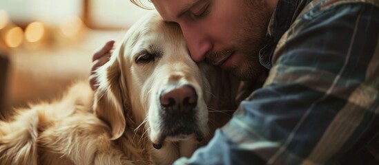 Unidentified young man with his golden retriever indoors, close up.
