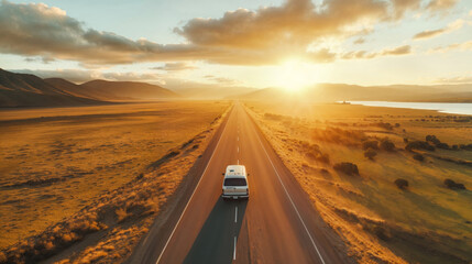 A van traveling, nomadic escape alone in nature at sunrise, for a road trip towards adventure and freedom