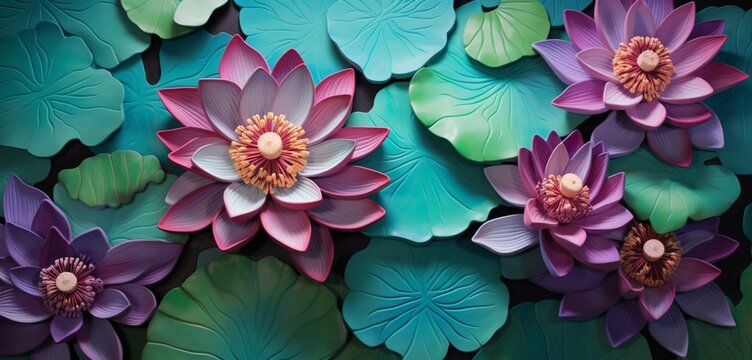 Vibrant tropical floral pattern background showcasing aqua water lilies and mahogany brown twigs on a 3D silk wall
