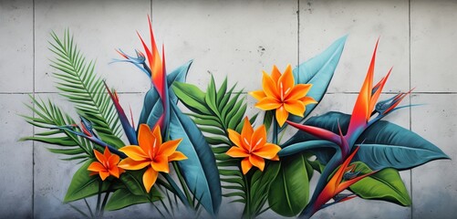Vibrant tropical floral pattern background showcasing orange bird of paradise and lime green leaves on a 3D concrete wall