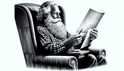 Santa Claus in his armchair, reading a letter - monochrome illustration