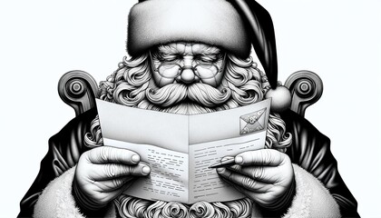 Santa Claus reading a letter from a child - monochrome illustration