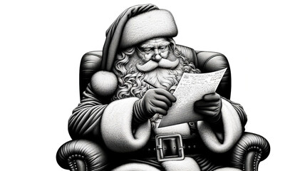 Santa Claus in his armchair, reading a letter from a child - monochrome illustration