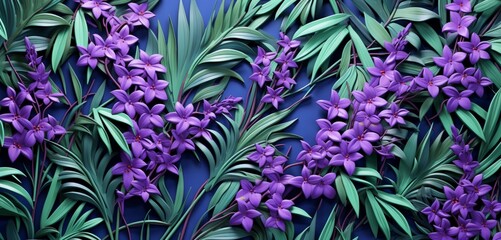 Vibrant tropical floral pattern background with lavender lilacs and deep green bamboo on a 3D canvas wall