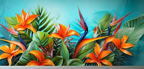 Fototapeta na wymiar Vibrant tropical floral pattern background showcasing orange bird of paradise and lime green leaves on a 3D concrete wall