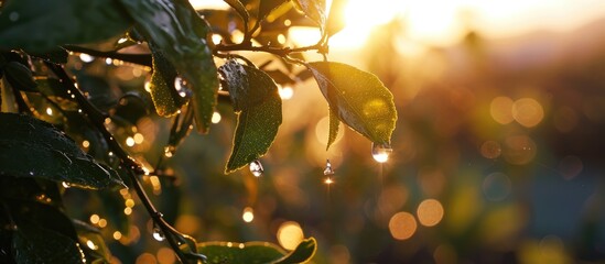 Rain droplet on lemon plant branch at sunset after rainfall. Using differential focus. - obrazy, fototapety, plakaty