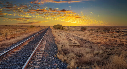 Peaceful sunrise over a vast open field with railroad tracks. space - obrazy, fototapety, plakaty
