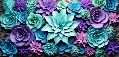 Vibrant tropical floral pattern background with periwinkle petunias and teal green succulents on a 3D paper wall - obrazy, fototapety, plakaty