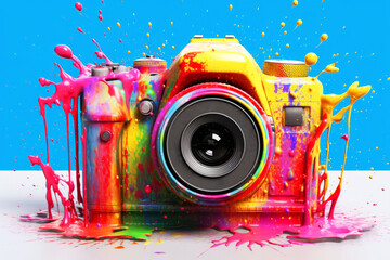Photographer's Day and Photography. Yellow professional digital camera in bright paint splatter on blue background