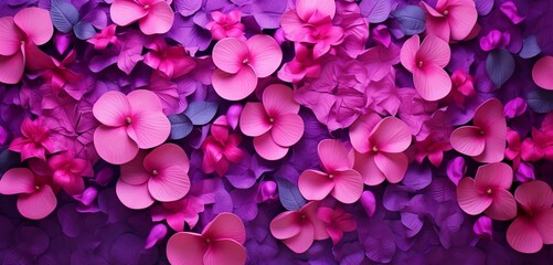 Vibrant tropical floral pattern background with pink bougainvillea and purple violets on a 3D stucco wall