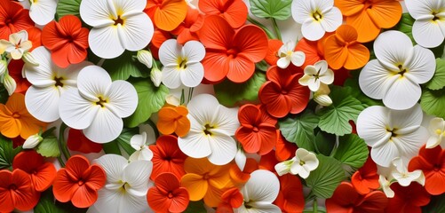 Vibrant tropical floral pattern with red nasturtiums and white violets on a beveled 3D wall texture - obrazy, fototapety, plakaty