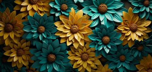 Vibrant tropical floral pattern background featuring teal chrysanthemums and olive green ivy on a 3D fabric wall