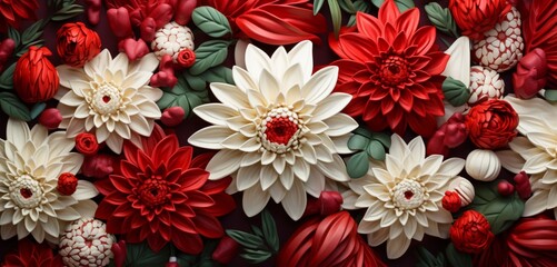 Vibrant tropical floral pattern with red carnations and white chrysanthemums on a ribbed 3D wall texture