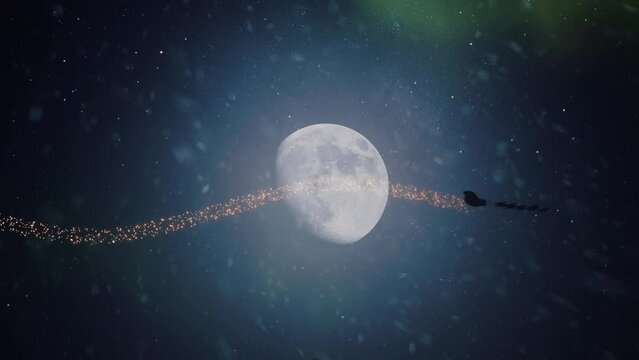 Santa flying in his sleigh with his reindeer against the background of the moon. Santa's flight above the clouds. Concept for the theme of the New Year. Santa delivers gifts. Dynamic 3d animation.