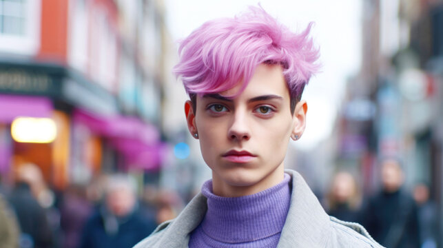 The concept of transgender identity. Portrait of a young personality with pink hair in the city