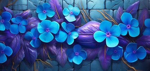 Vibrant tropical floral pattern background featuring electric blue pansies and bronze fern leaves on a 3D cobblestone wall - obrazy, fototapety, plakaty