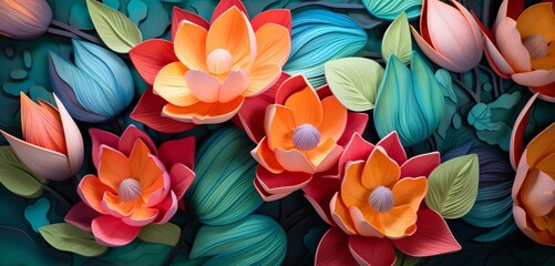 Vibrant tropical floral pattern background displaying cerulean lotuses and peach tulips on a 3D granite wall