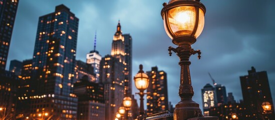 Skyline with street lamp and buildings.