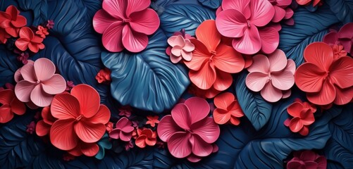 Vibrant tropical floral pattern background showcasing coral begonias and navy blue hydrangeas on a 3D plaster wall - obrazy, fototapety, plakaty